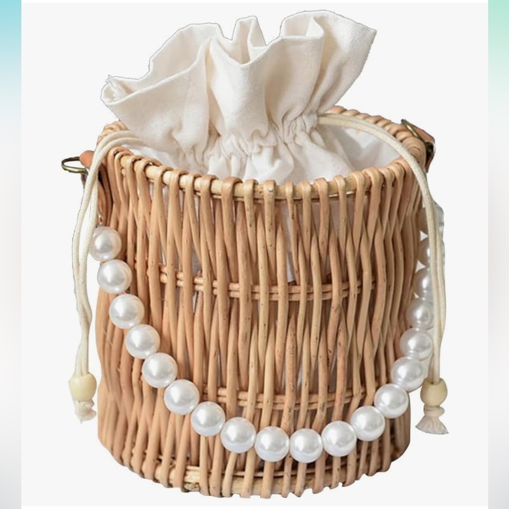 Amazon Tan Woven Mini Bag with Pearl Accent